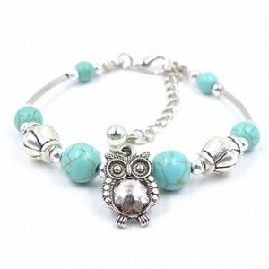 🔥Owl Turquoise Blue Bead Women Silver Bracelet